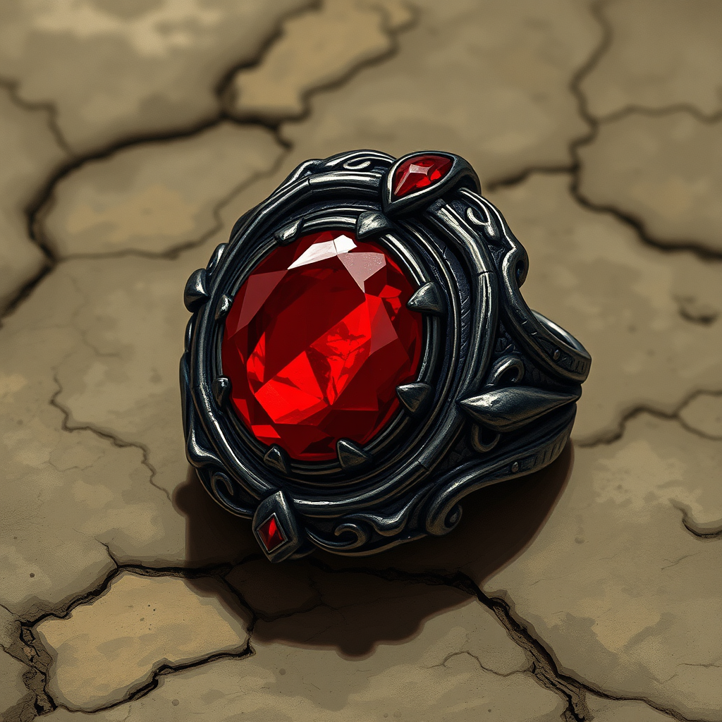 Dark metal ring with red magic stone - Illustration