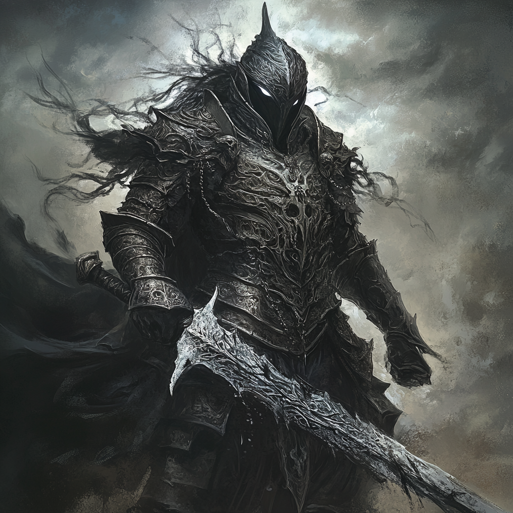 Dark paladin in black armor wields dark greatsword. Sky is stormy.