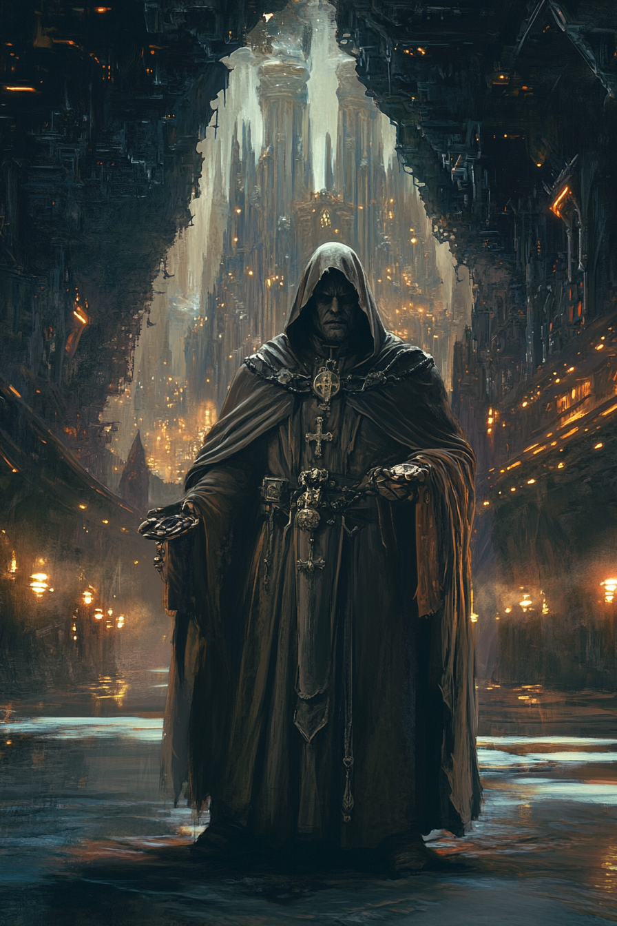 Dark priest in gothic robes in cathedral.