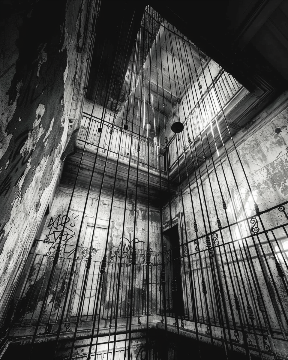 Dark prison cell with iron bars, stark shadows.