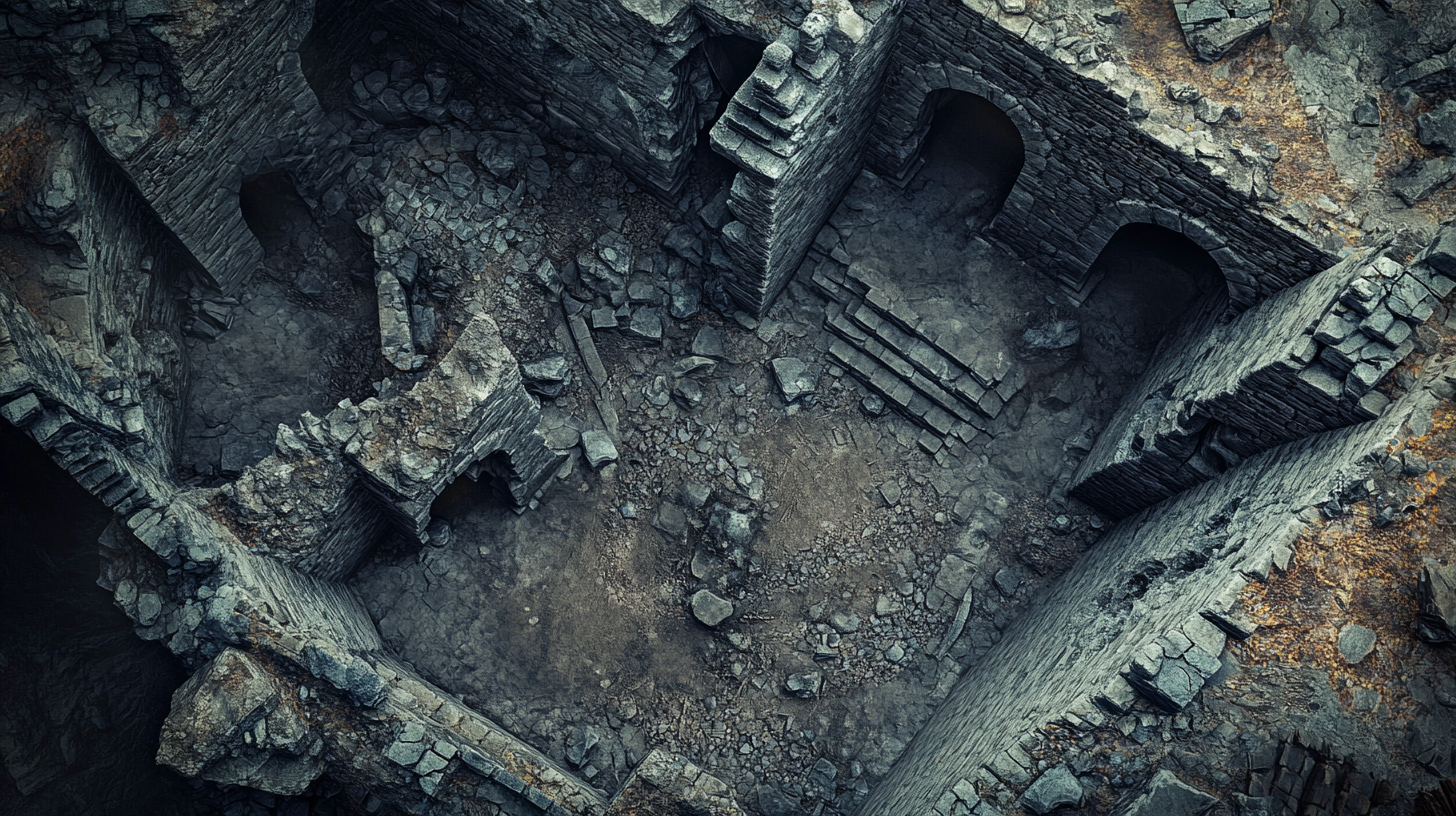 Dark prison underground dungeon map with rubble, poor condition.