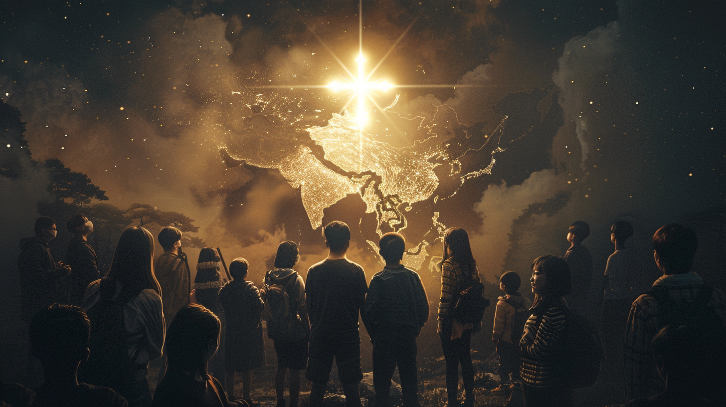 Dark scene with glowing cross, map, and diverse people.