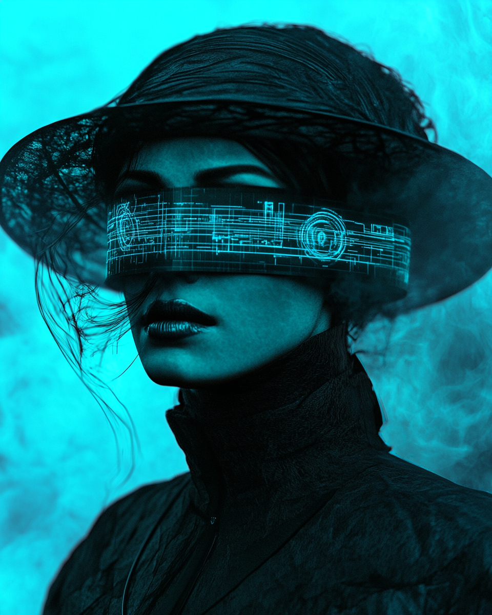 Dark shadows contrast with bright neon blue futuristic art.