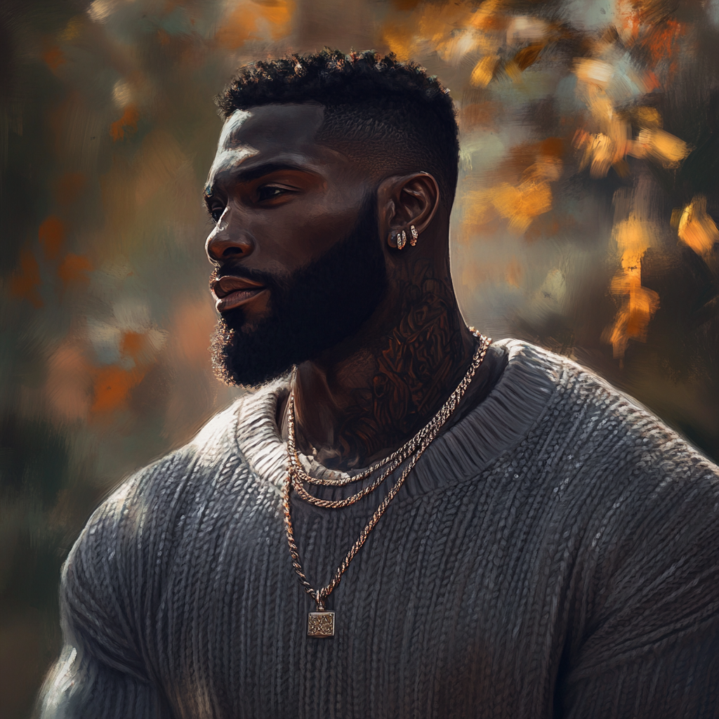 Dark-skinned man with sharp edge up, tattoos and chain.