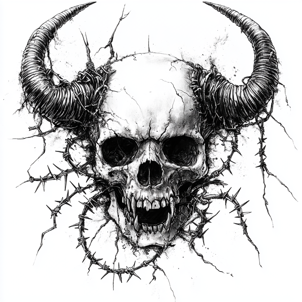 Dark skull with old horns, barbed wire, grunge tattoo.