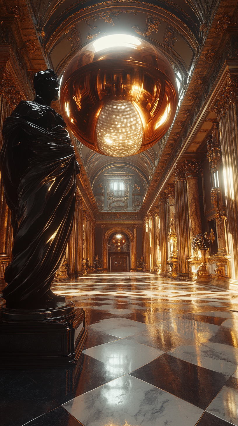 Dark statue in golden hall with shiny sphere, 4k.