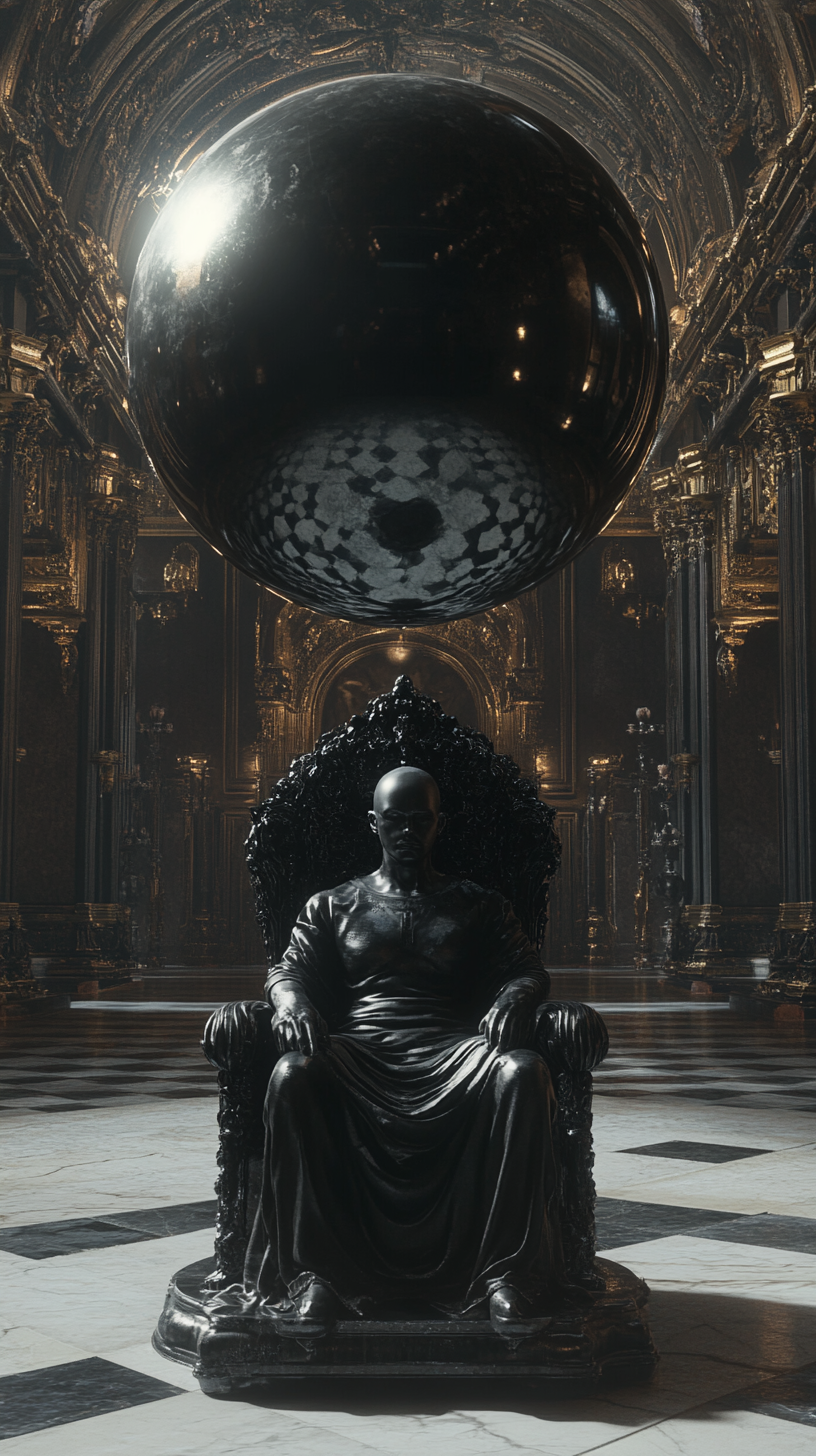 Dark statue on throne in Victorian castle lobby.