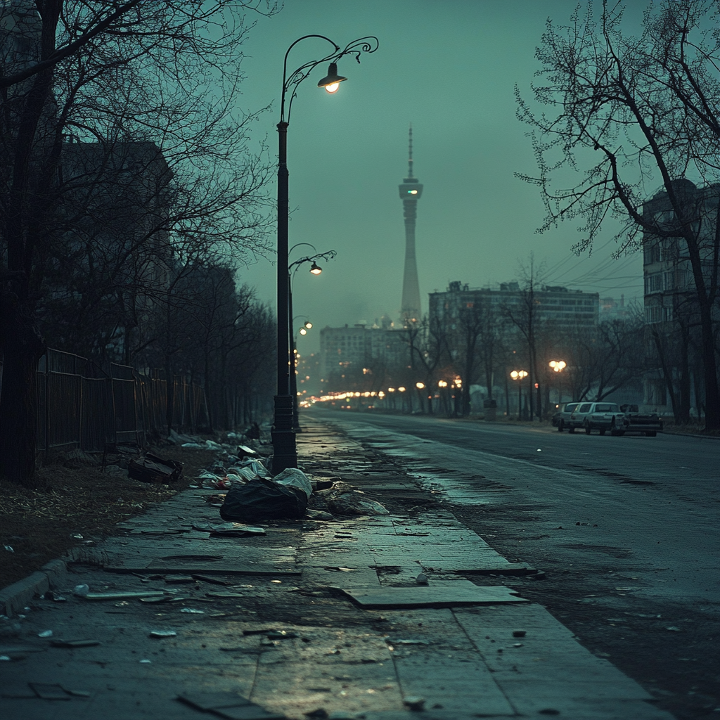 Dark street in Almaty with broken curbs and garbage.