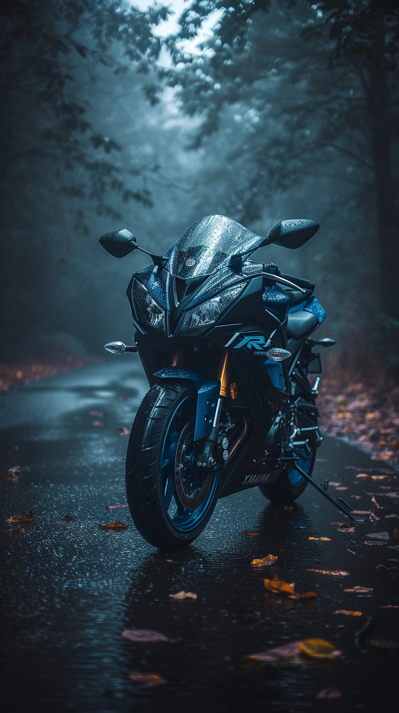 Dark trail cinematic shot of Yamaha R3 motorcycle.