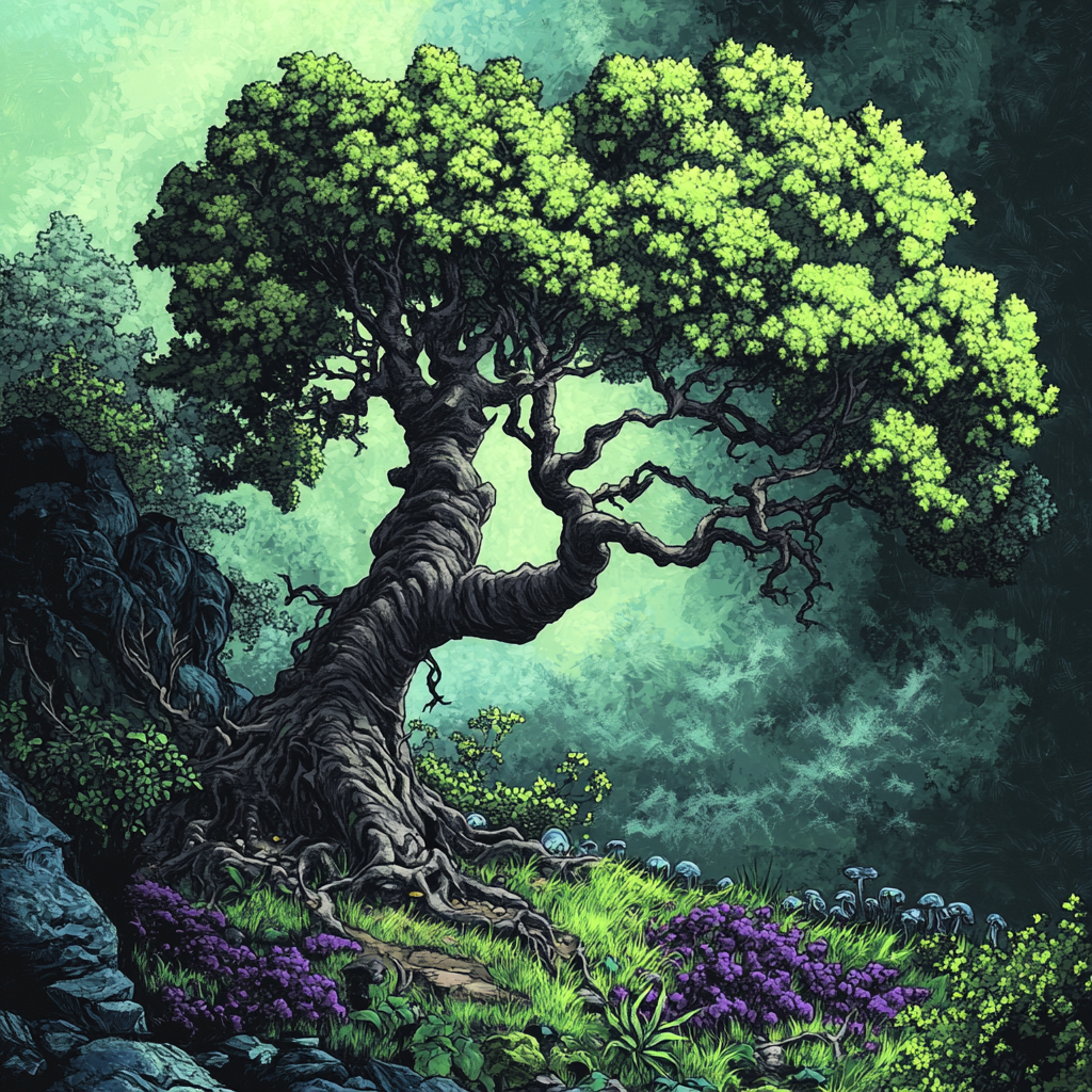 Dark tree in green forest with purple mushrooms.