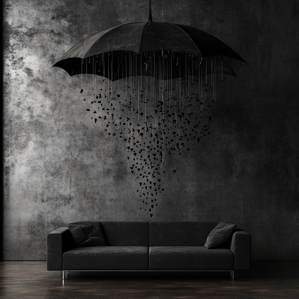 Dark umbrella hangs over black sofa, eerie room