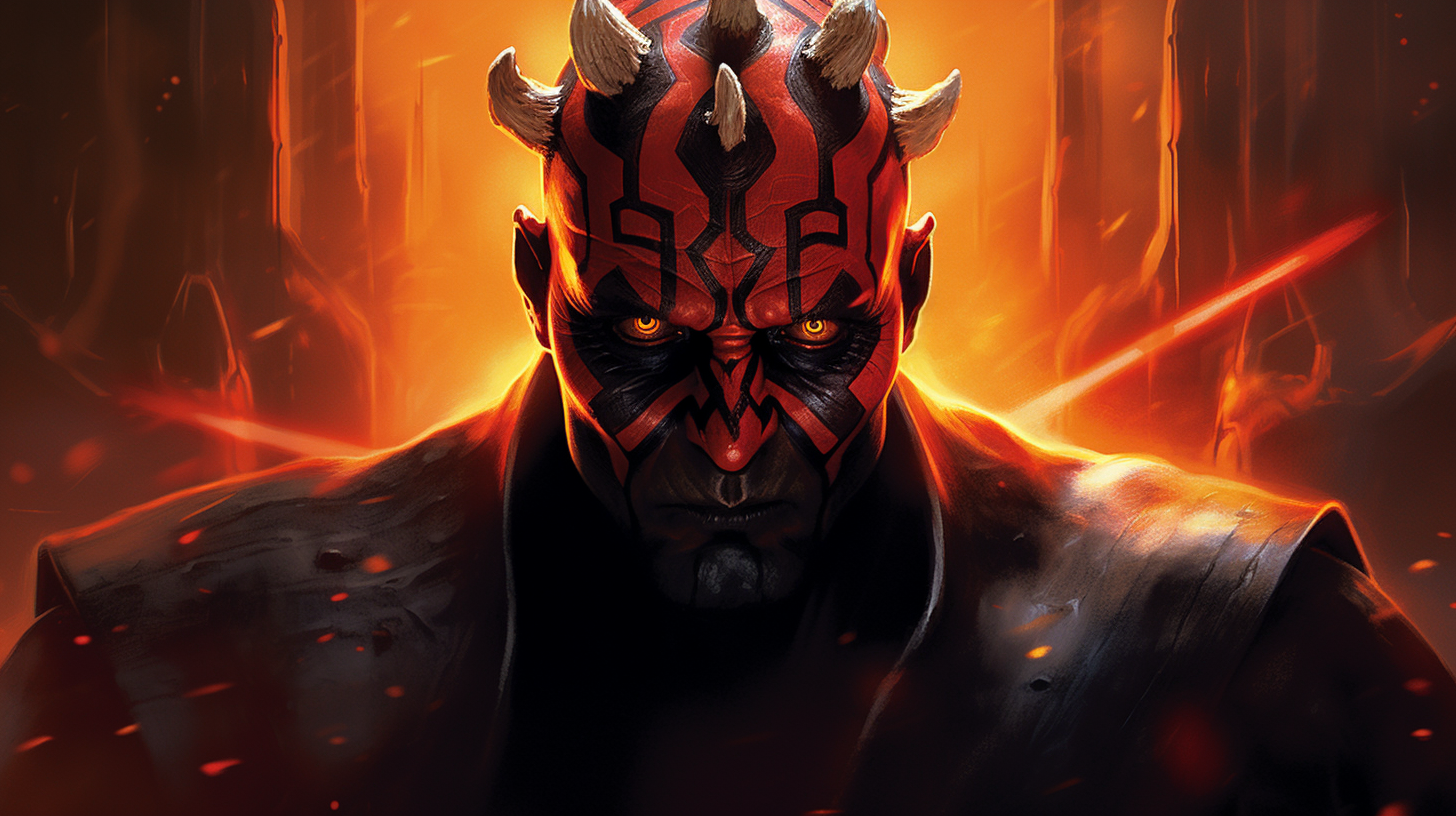 Darth Maul's Angry Glare in Fiery Background