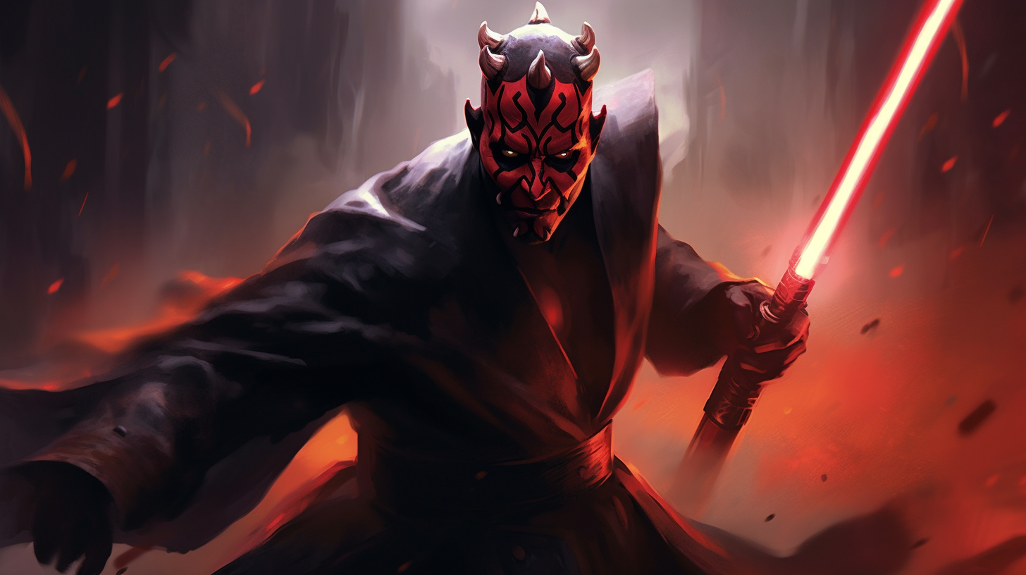 Darth Maul ready with red lightsaber in flames