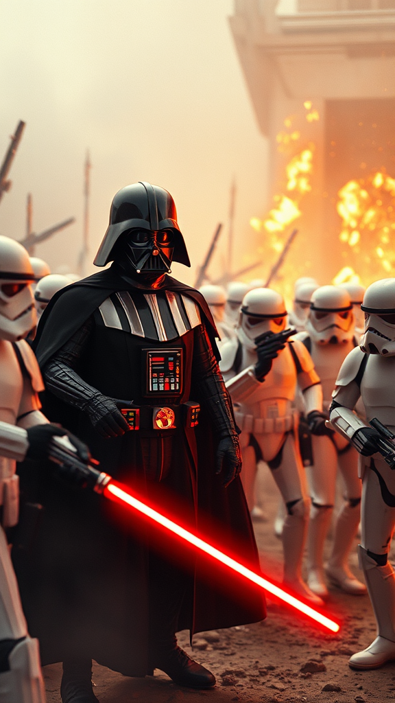 Darth Vader facing angry clone stormtroopers