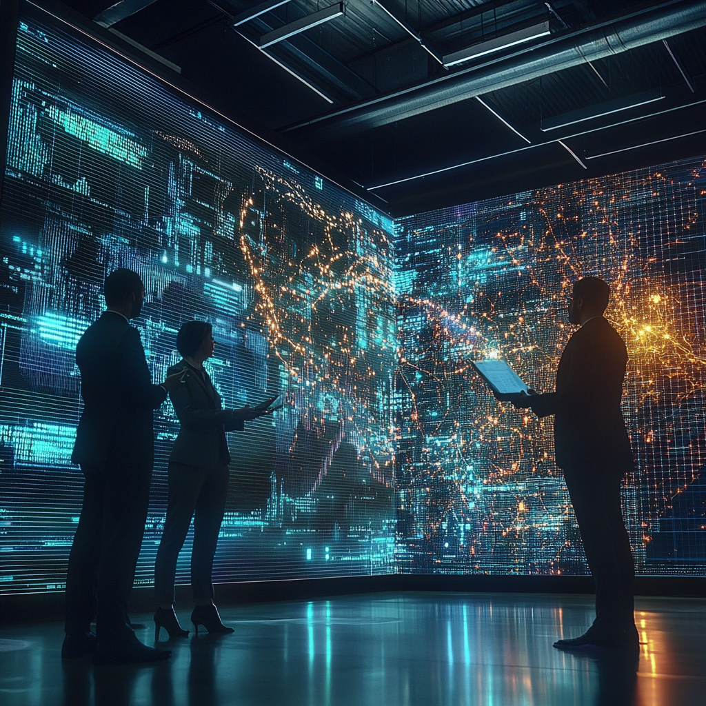 Data scientists in suits analyzing complex data on screens.