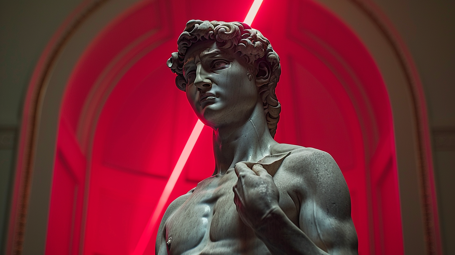 David statue in dim room, red alarm beam, photography.