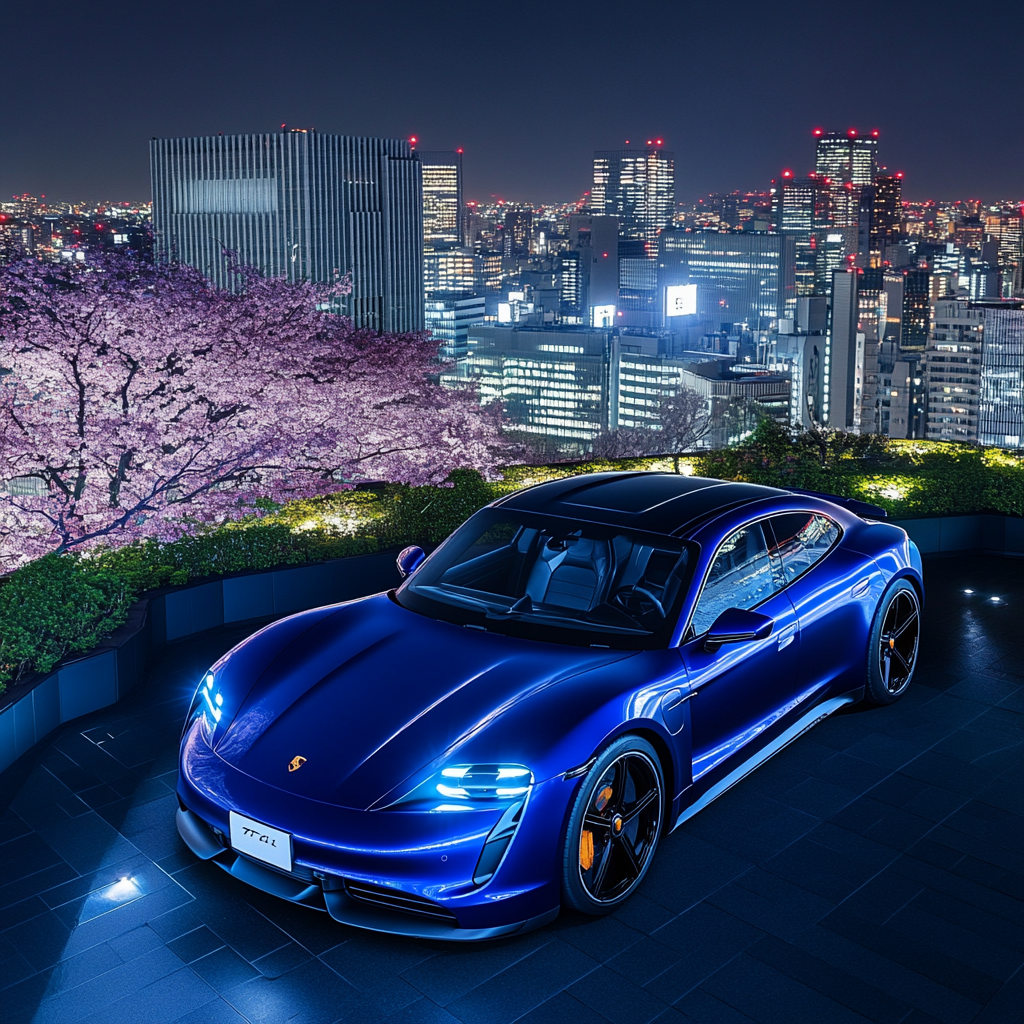 Dazzling blue Porsche Taycan Turbo S in Tokyo rooftop garden