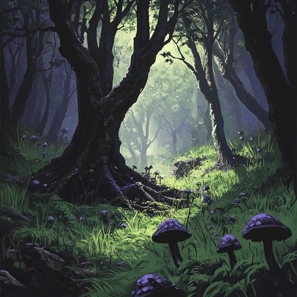 Dead tree in green forest with dark mushrooms.