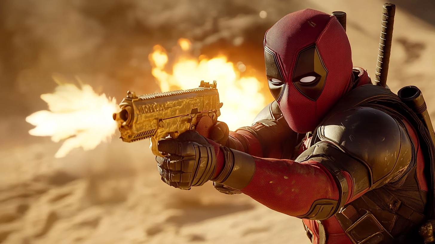 Deadpool aiming with two golden guns in movie.