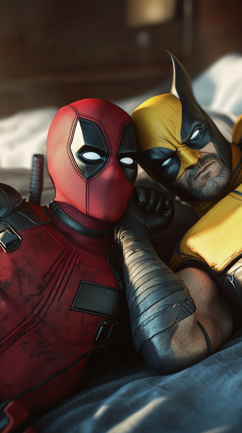 Deadpool and Wolverine Model Playfully on Bed