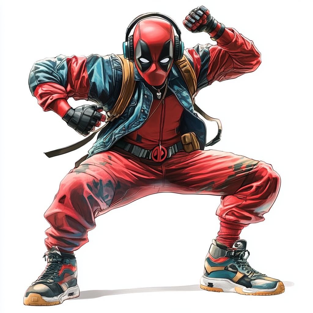 Deadpool in hip hop dancer outfit, breakdancing pose.