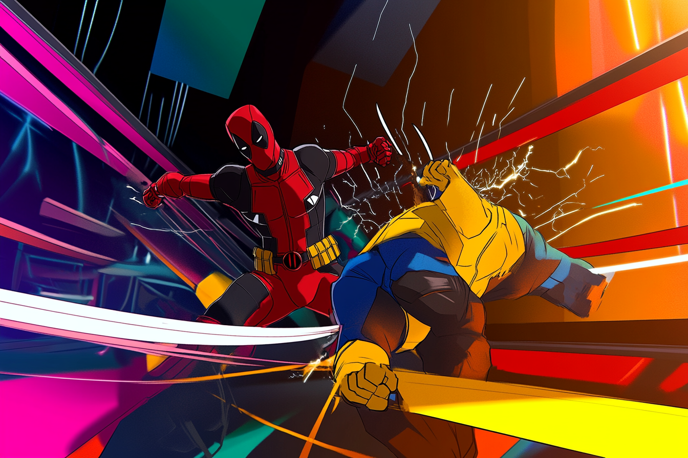 Deadpool kicks Wolverine with dynamic energy in animation scene.