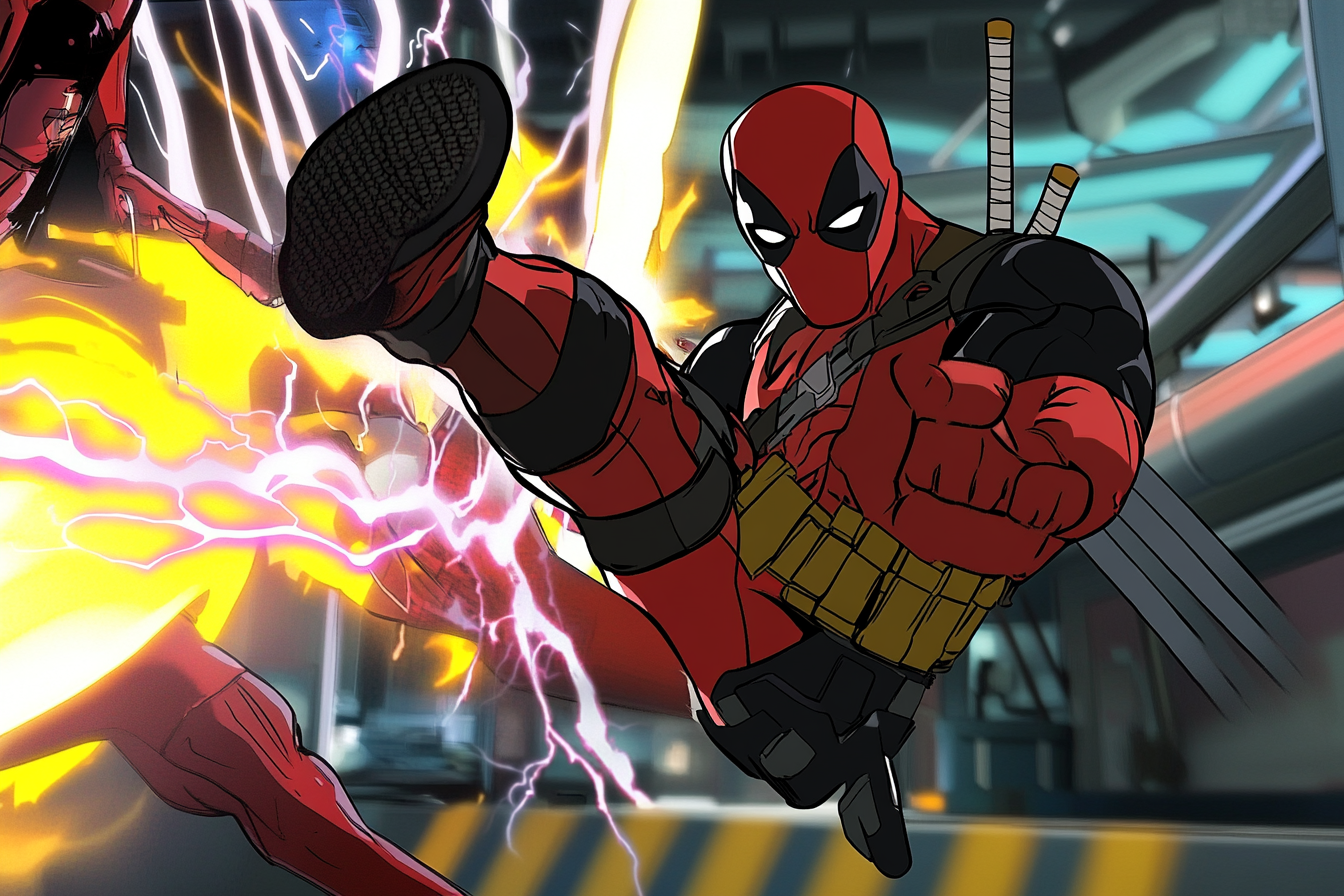 Deadpool kicks Wolverine with mischievous grin. Vibrant energy.