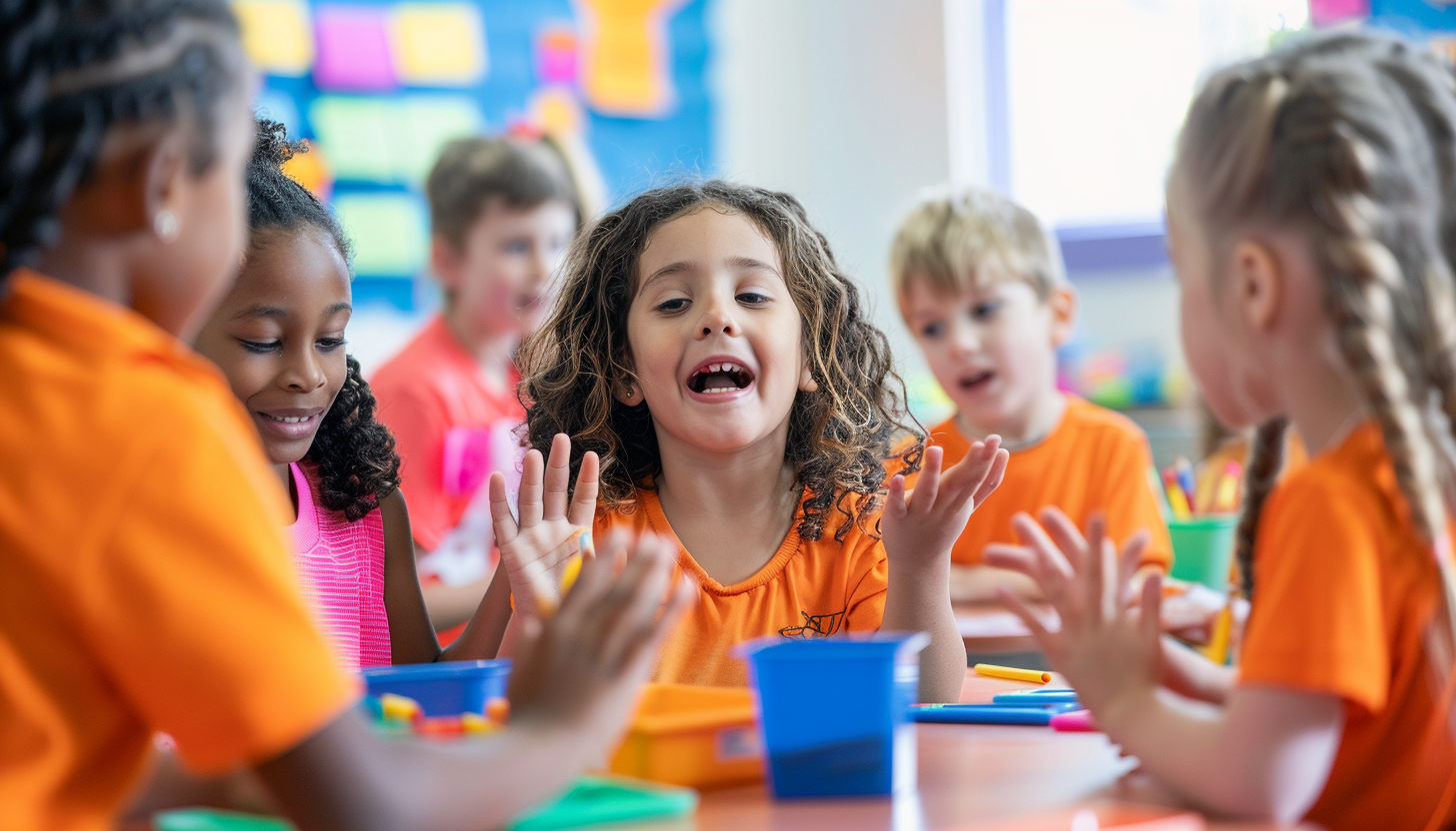 Deaf K-12 students sign ASL in classroom activity.