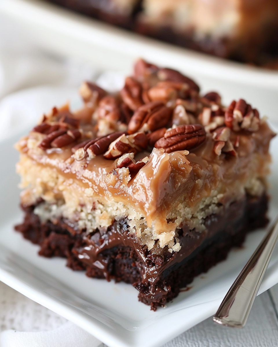 Decadent German Chocolate Poke Cake with creamy fillings.