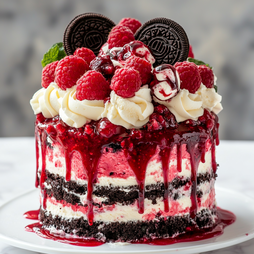 Decadent cake with cream, Oreos, raspberries, and sauce