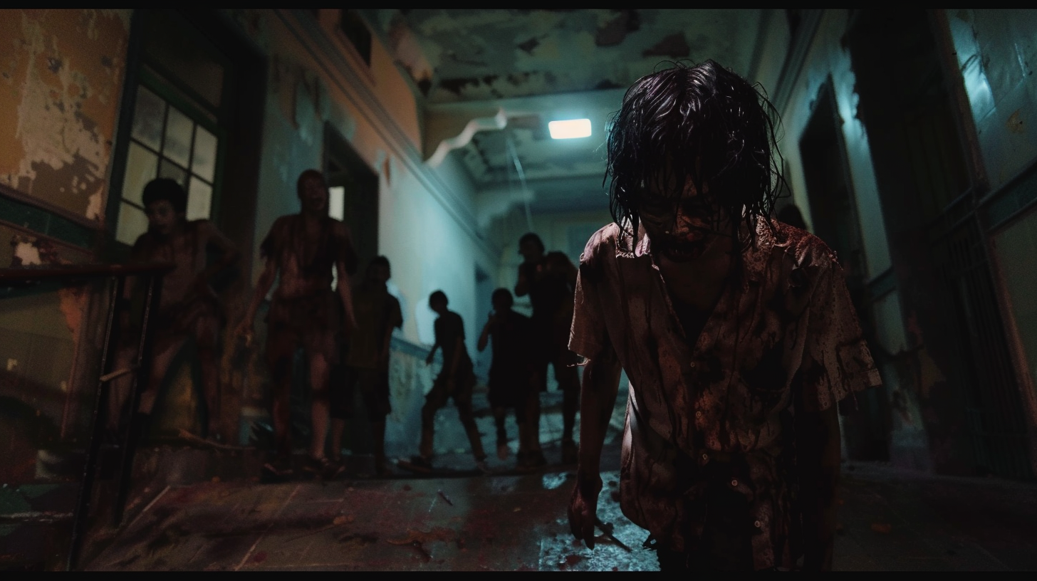 Decayed zombies seeking prey in dark Thai high school.