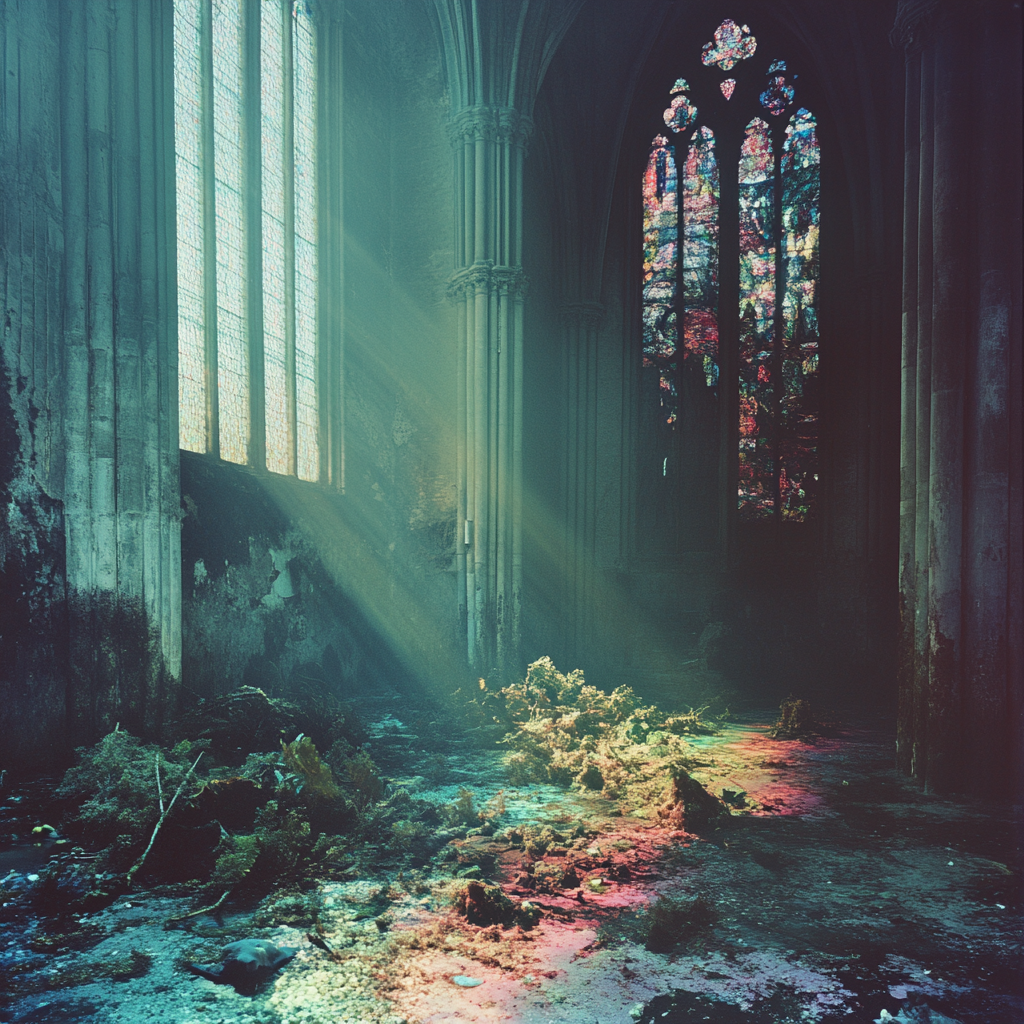 Decaying coral reefs underwater in cathedral, dreamy composition.