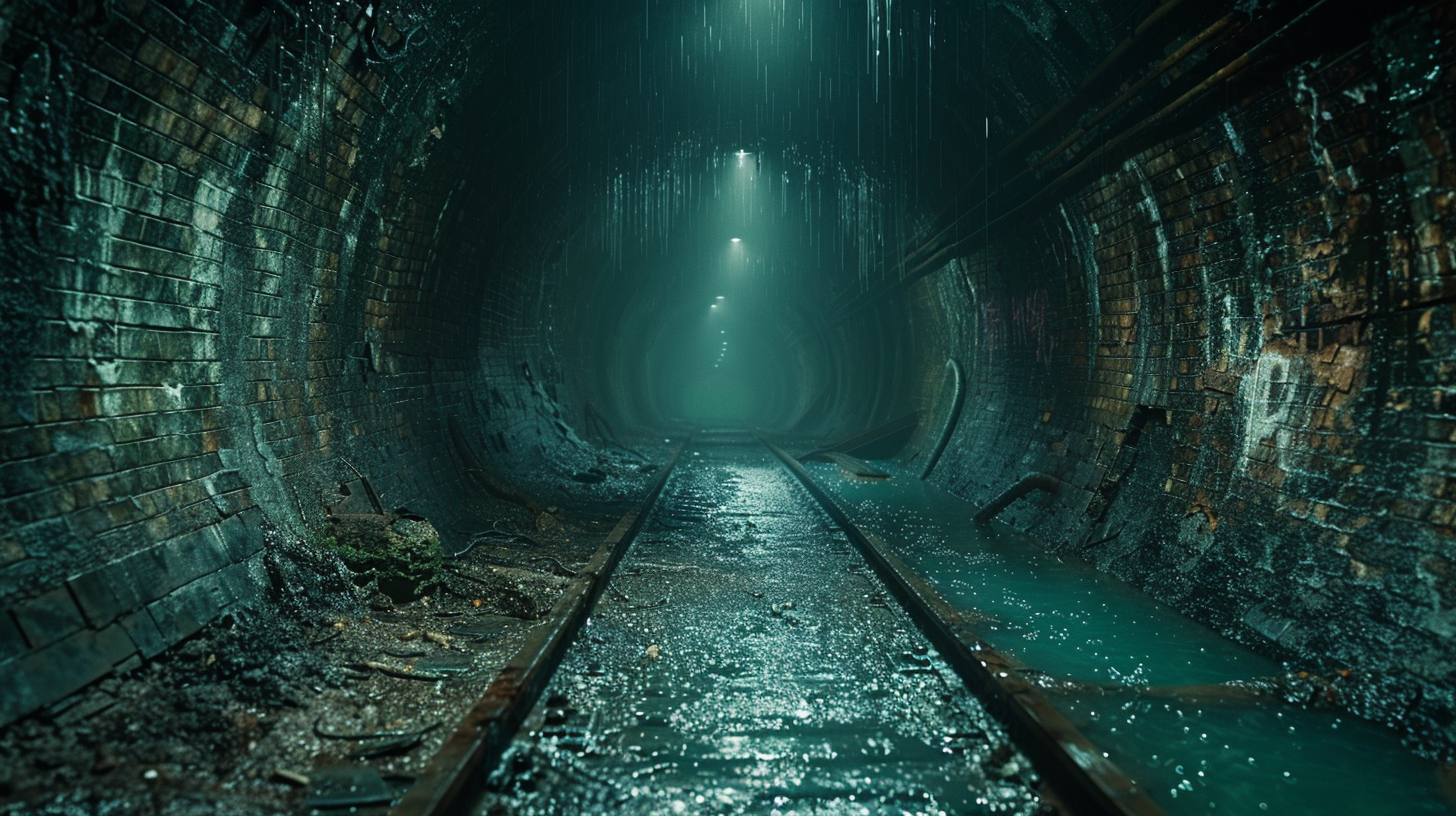 Decaying subway tunnel with graffiti and flickering lights.