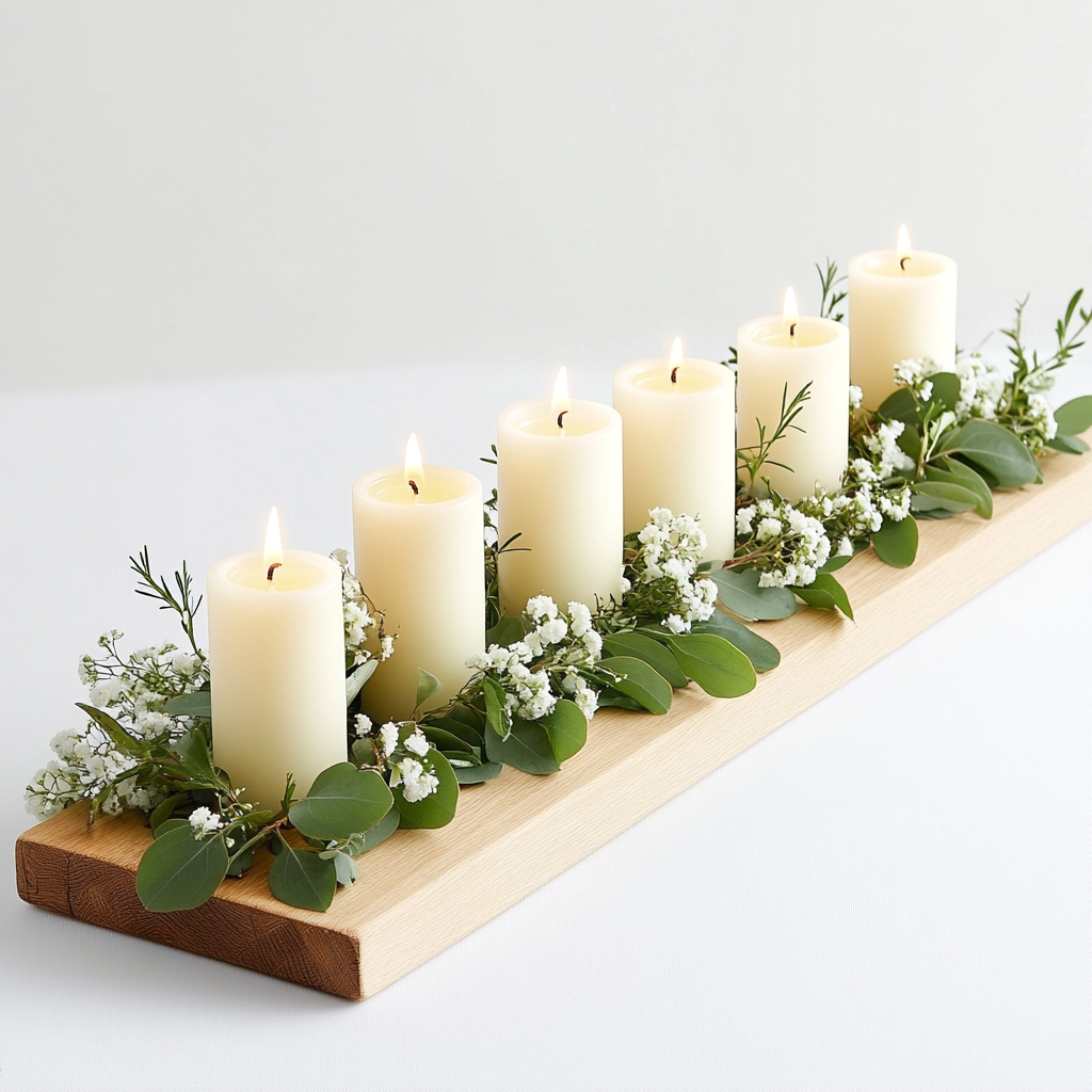 Decorative long board for candles and flowers.