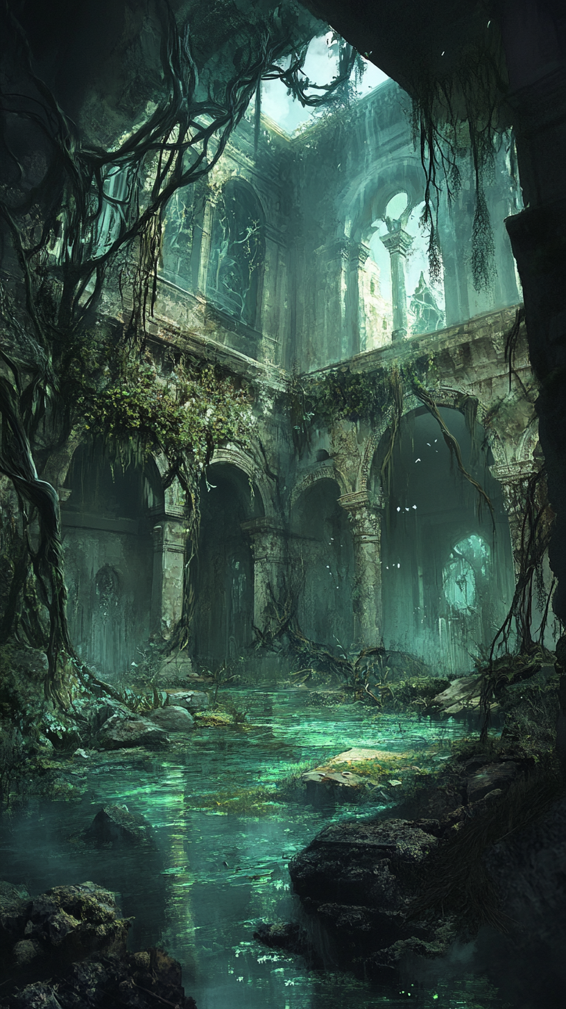 Decrepit temple surrounded by shadowy swamp, haunting specters linger.