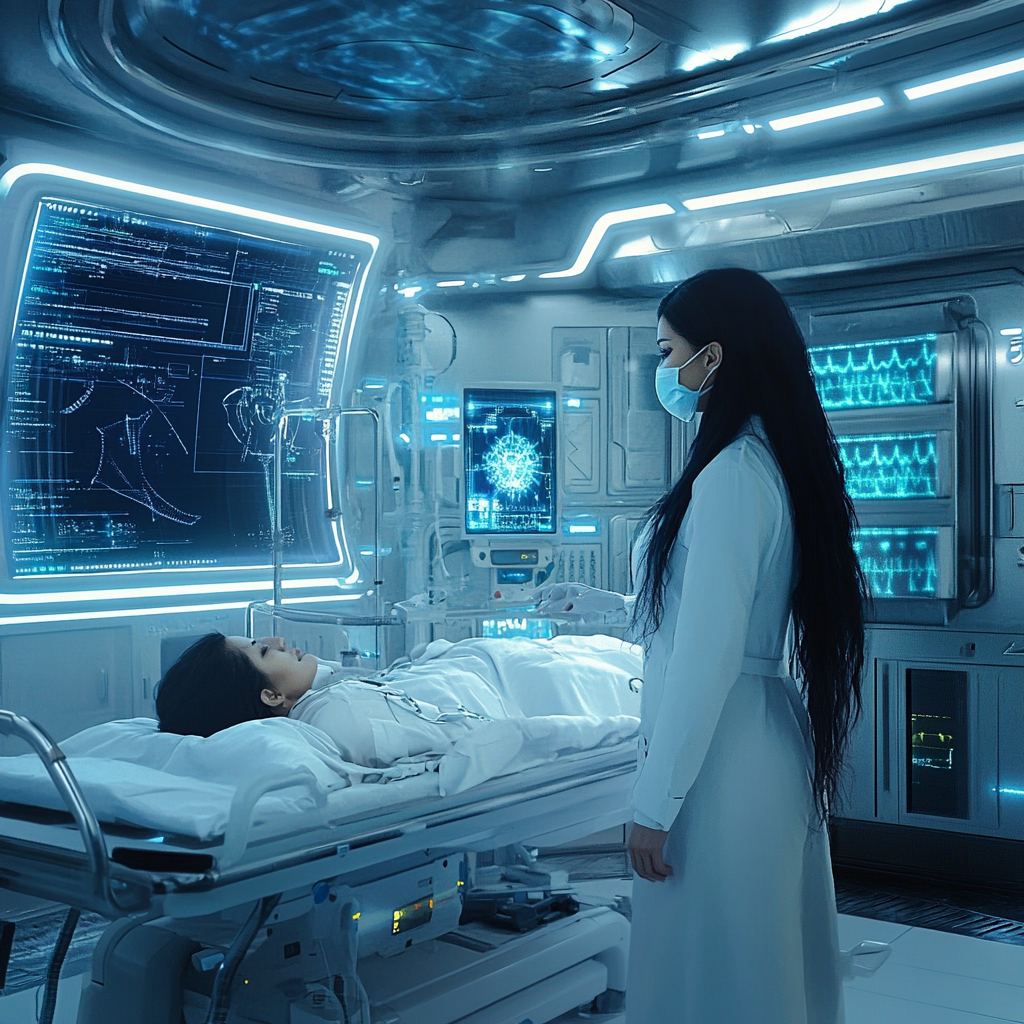 Dedicated doctor in futuristic spaceship medical bay