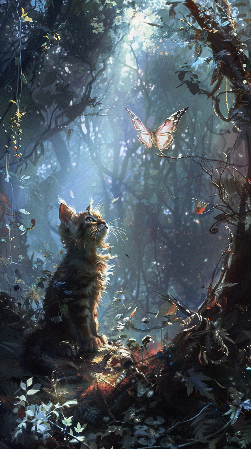 Deer-like Butterfly Creature Amazes Cat in Forest