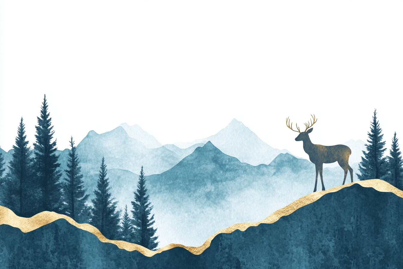Deer on hilltop, forest, mountains, simple watercolor style.