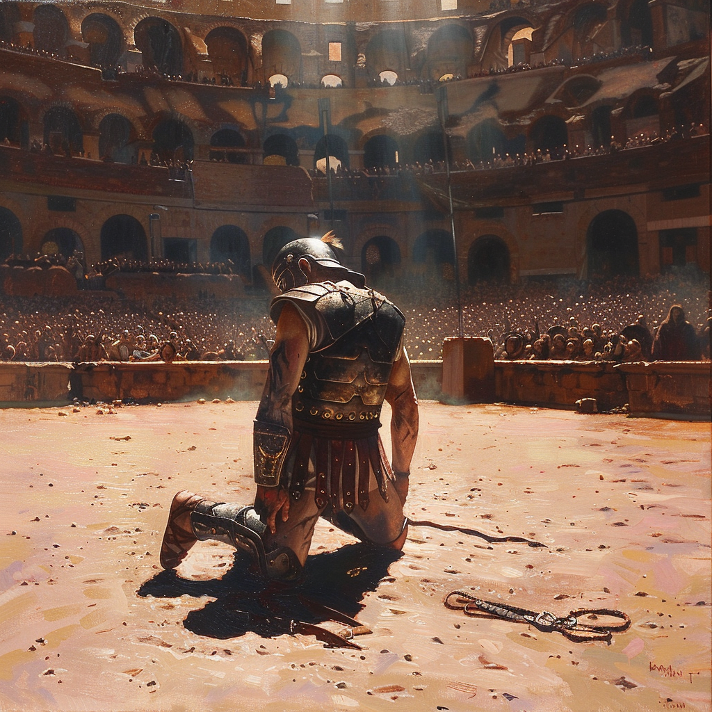 Defeated gladiator in Coliseum awaiting crowd's decision, dramatic scene.