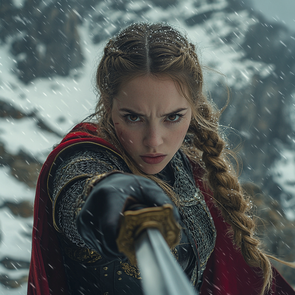 Defiant Viking woman in armor with sword on mountain