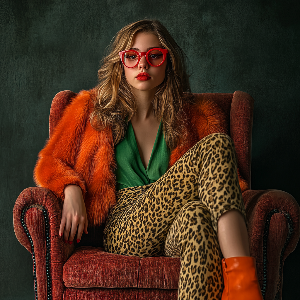 Defiant girl in leopard pants and red fur coat.