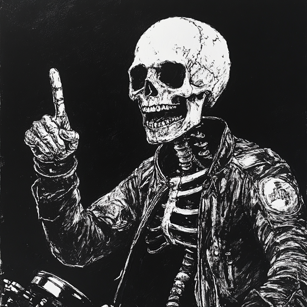 Defiant skeleton in motorcycle jacket flipping middle finger backwards.