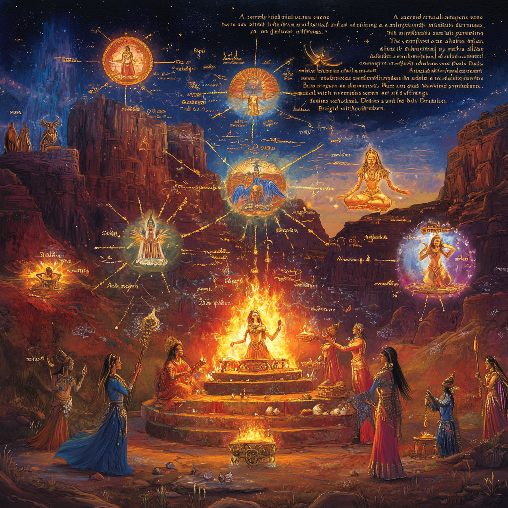 Deities performing ritual in mystical landscape, connected with humanity.