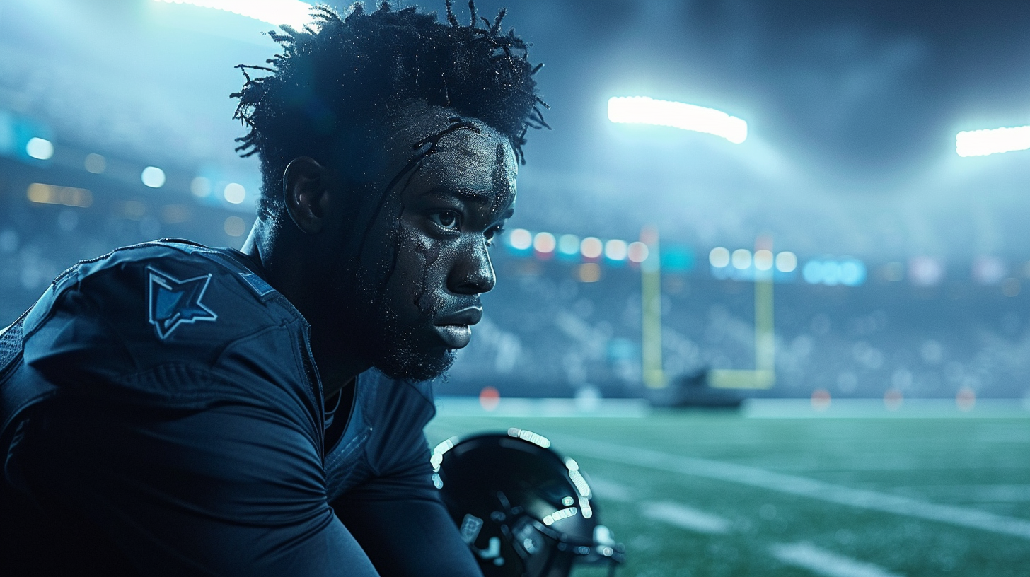 Dejected football player on sideline, tank on field, somber.