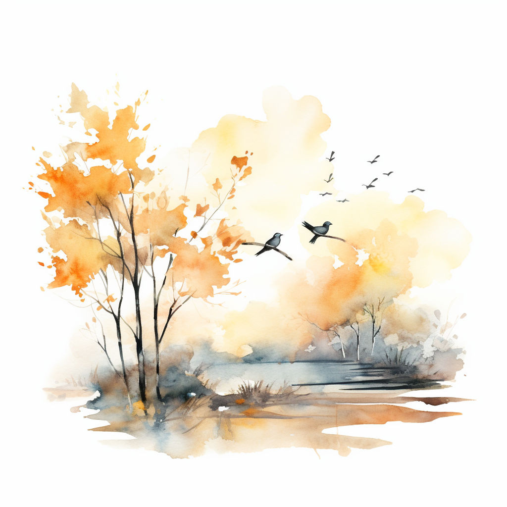 Delicate Bird Silhouettes in Autumn Landscape Watercolor Illustration