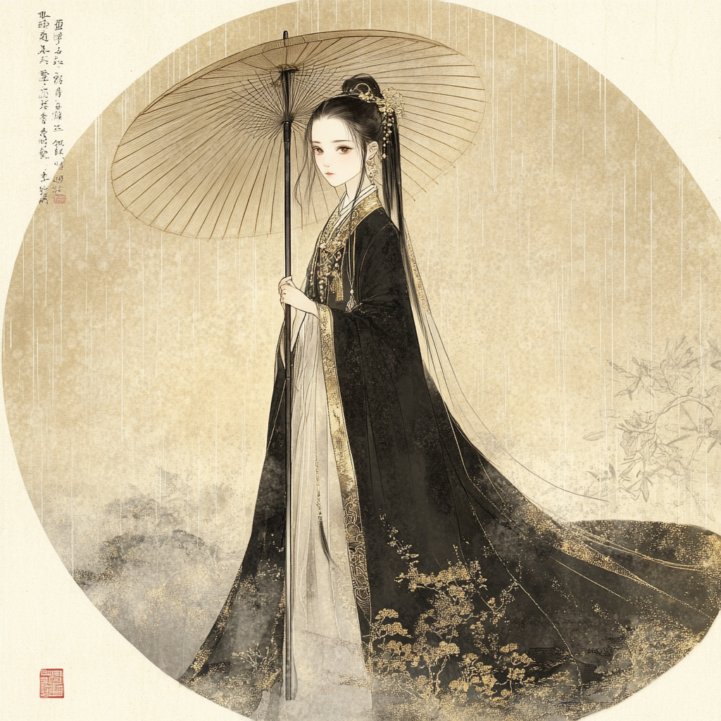 Delicate Chinese girl in Tang costume with umbrella.