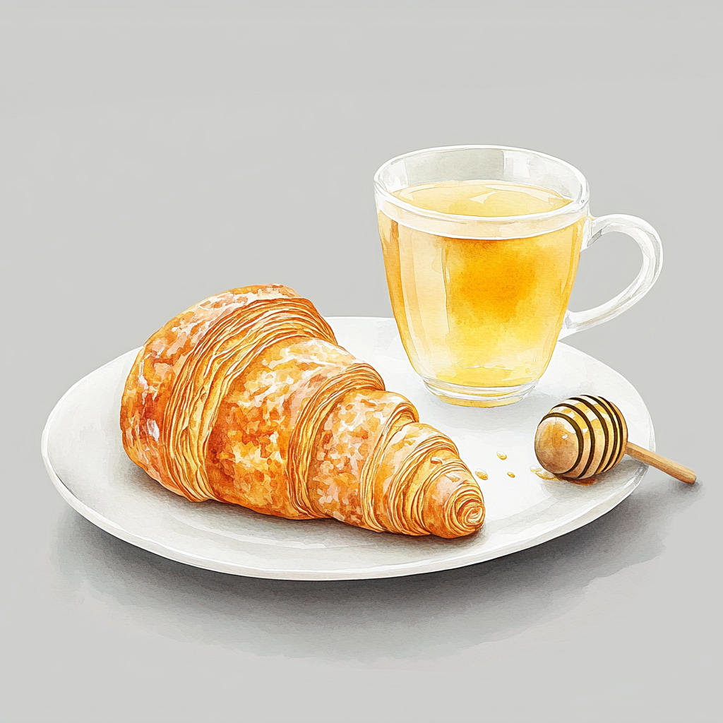 Delicate croissant, honey, tea on porcelain plate