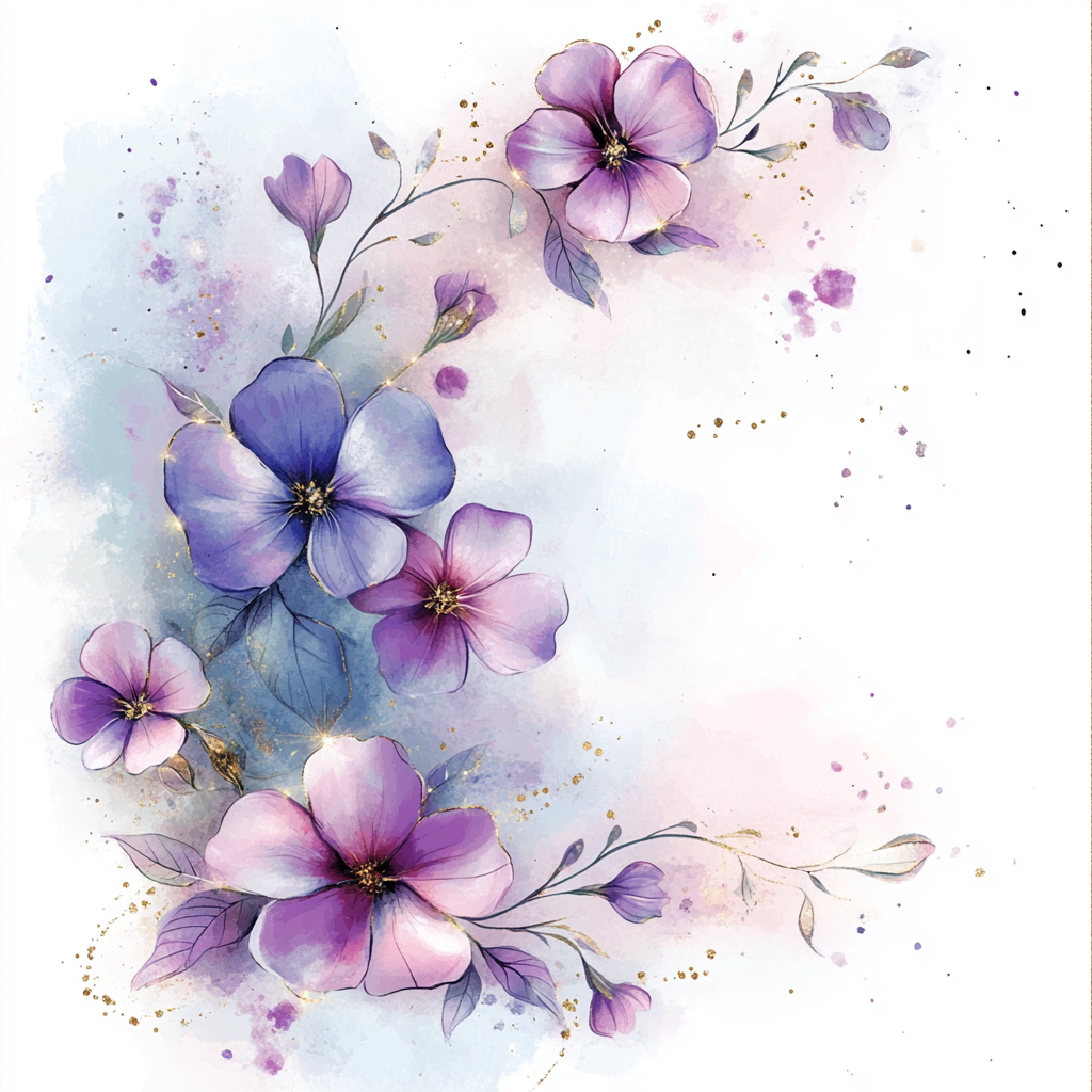 Delicate flowers in purple, pink, blue with gold accents