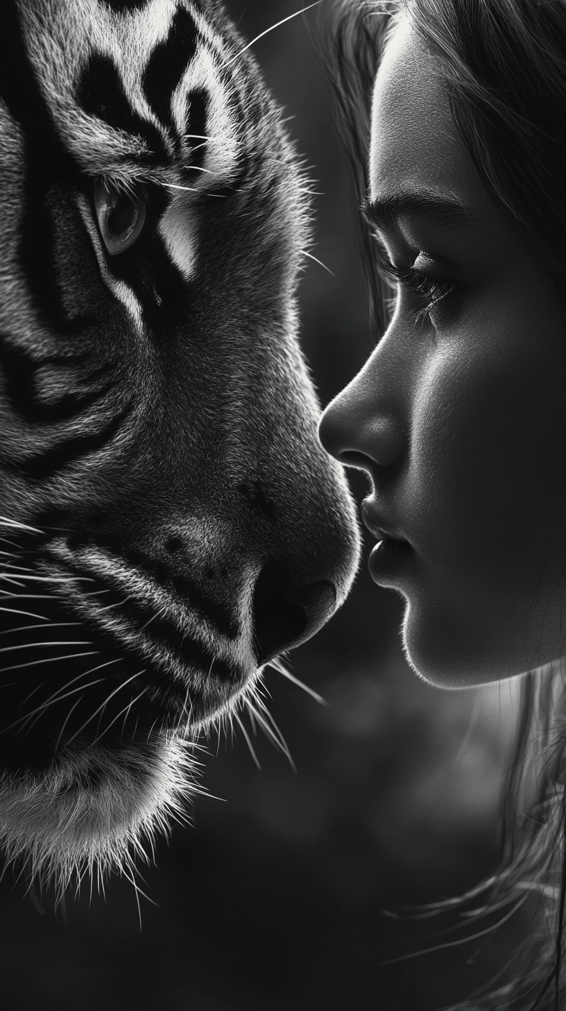 Delicate girl gazes into tiger's eyes, ultra detailed image.