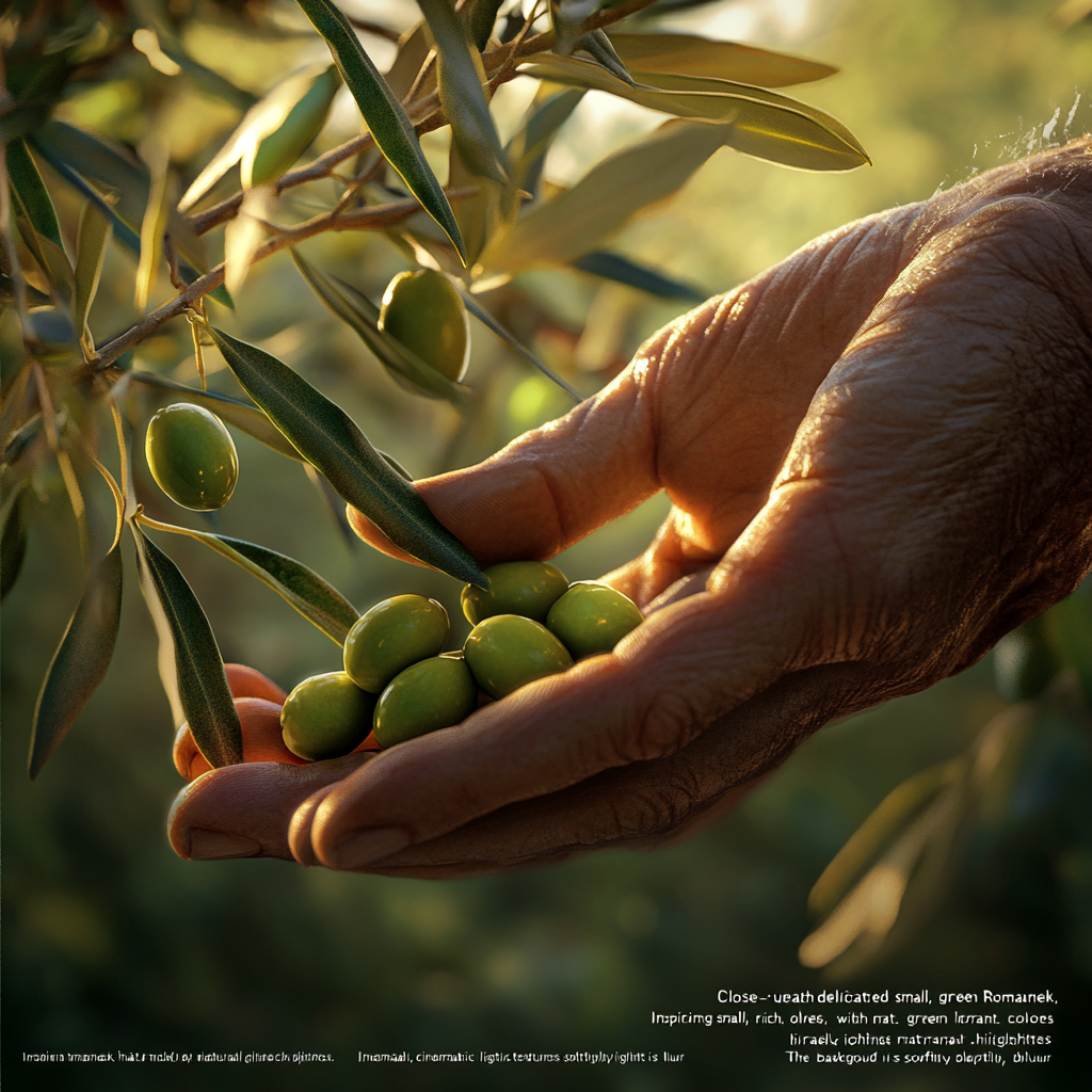 Delicate hands picking green Iranian olives softly